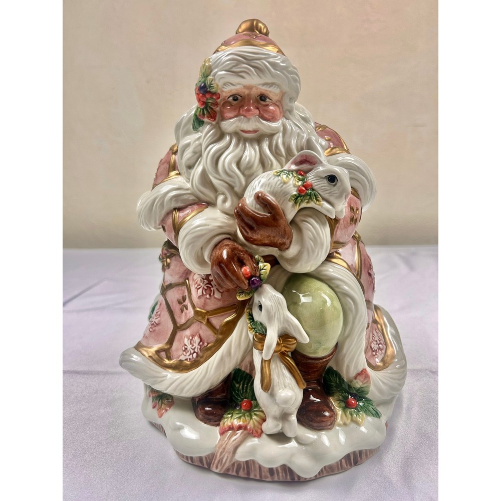 Fitz and Floyd Classics Santa with Rabbits Cookie Jar Pink Gold China Decor